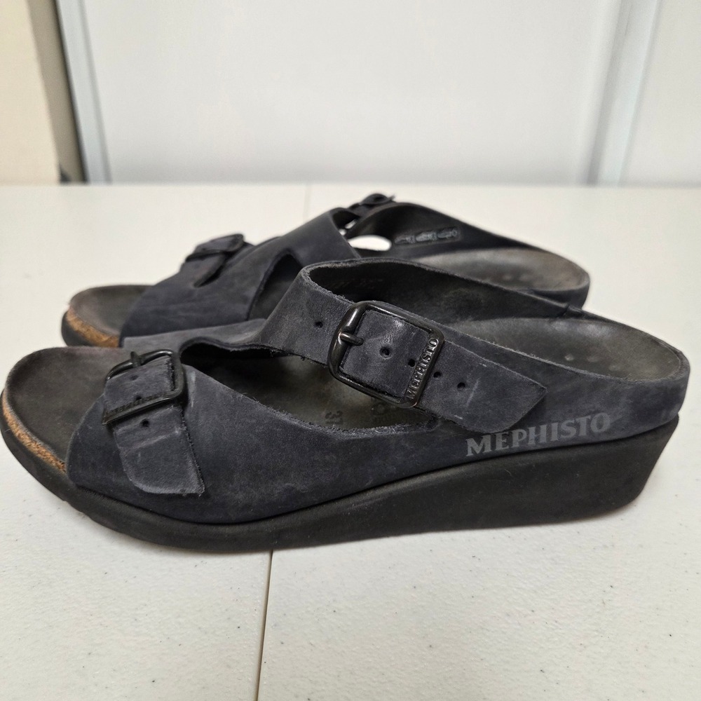 Mephisto Helen Mix Navy Blue Nubuck Leather Wedge Slide Sandals Womens 37 US 7